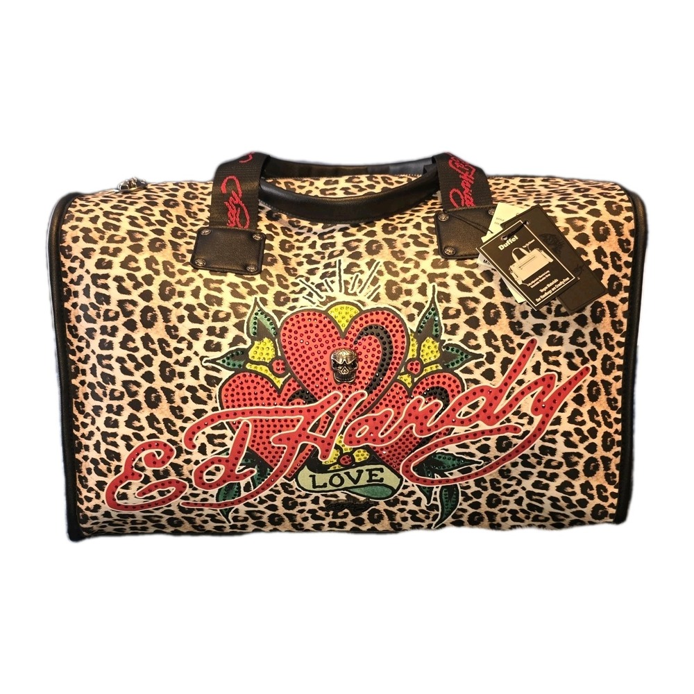 Ed Hardy‎ Duffel Bag Cheetah Print Rhinestone Heart Love Skull Zipper Rare Htf